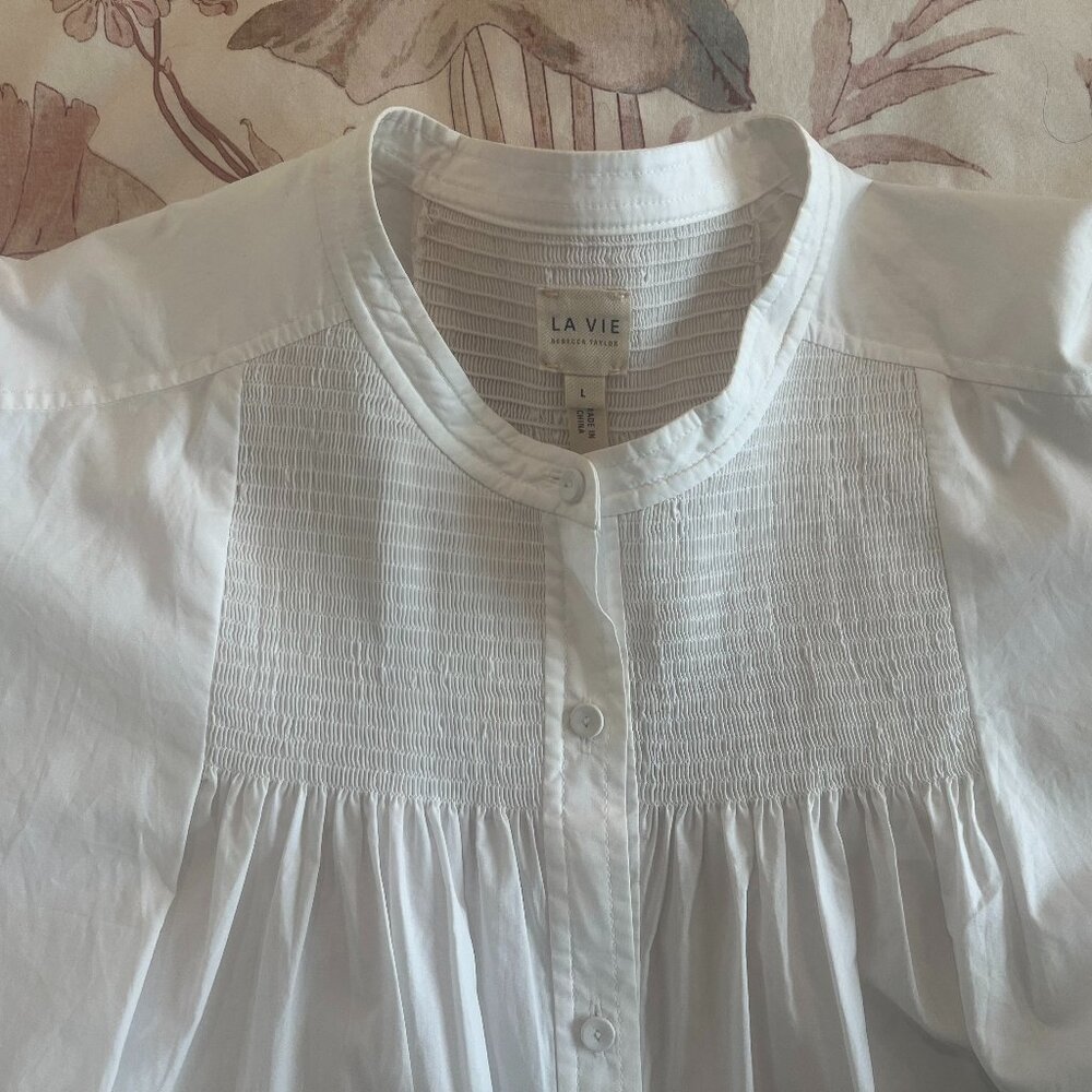 REBECCA TAYLOR La Vie White Smocked Blouse, Size L - Picture 3 of 5